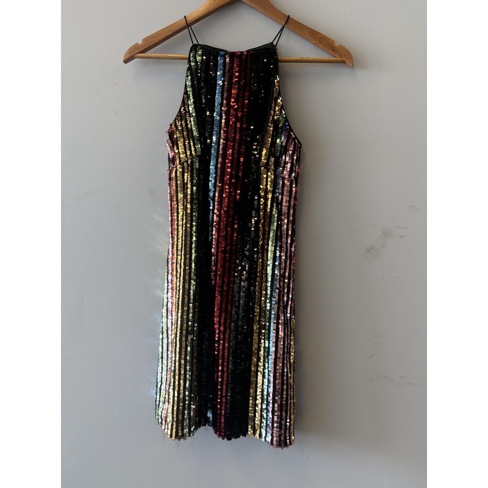 Aqua Dress Womens XS Multicolor Sequin Striped Halter Shift Mini Party Cocktail